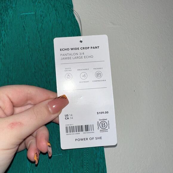 Athleta NWT Echo Wide Crop Pant 3/4 Cropped Turquoise Green Size 14 Plus - Picture 5 of 7